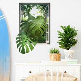 RoyoLam 3D Monstera Leaves Fake Window Wall Stickers for Living Room Green Plants Jungle View Wall Decals Removable Peel and Stick Wall Art Home Decor Decoration for Bedroom Bathroom Classroom Library