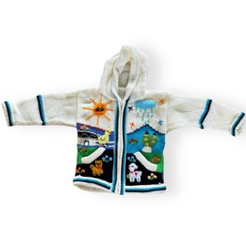 Peruvian Wool Knitted Sweater with hoodie for babies & toddlers, Unisex, Chompas Peruanas, fall winter sweater, colorful jacket for kids (2T, White and Blue)