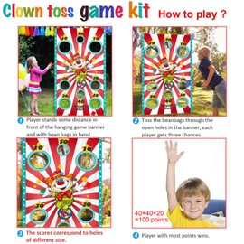KUYOEJAR Carnival Clown Throwing Game Banner with 3 Bean Bags - Circus Party Decoration & Activities for Children and Adults - Indoor/Outdoor Children's Party Accessories - Ideal for Parties (140 x 80