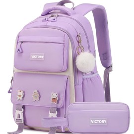 AO ALI VICTORY Backpack for Girls Set with Pencil Case 15.6 Inch Laptop School Bag Cute Kids Elementary College Backpacks Large Bookbags for Women Teens Students Anti Theft Travel Daypack - Purple