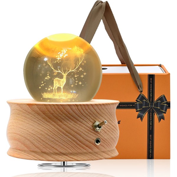 Valentine's Day Gift Crystal Ball Music Box, 3D Rotating Globe with Warm Light Projection, Wood Base USB Charging Musical Box, Gift for Women Men Girls Birthday Christmas Thanksgiving,Home Decoration