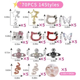 70 PCS Kitty Nail Charms and Gems Gold Nail Charms for Nails Design Butterfly Snakes Star Planet Silver Nail Charms for Acrylic Nails y2k Nail Jewels 3D Nail Supplies for Nail Art by dreamynini