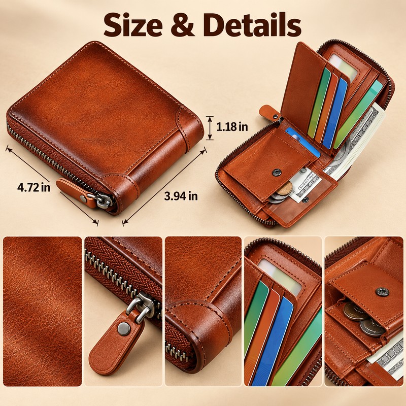 Men's Genuine Leather Zipper Wallet – Compact Short Wallet with
