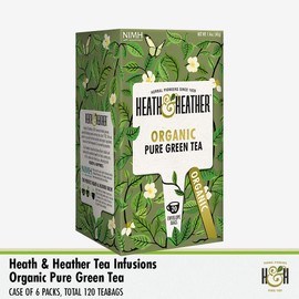 Heath & Heather Organic Pure Green Tea | Individually Wrapped Caffeine-Free Herbal Tea Infusions | 6 Packs of 20, Total 120 Tea Bags