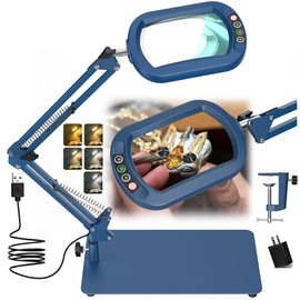 Veemagni 10X Rectangle Magnifying Glass with Light and Stand, 5 Color Modes Stepless Dimmable, 2-in-1 LED Lighted Desk Lamp & Clamp, Hands Free Magnifier for Reading Crafts Painting Close Work - Blue