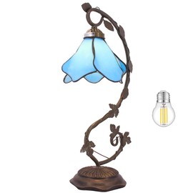 WERFACTORY Tiffany Lamp Blue Stained Glass Table Lamp, Metal Leaf Table Desk Reading Light 8X10X21 Inches Decor Small Space Bedroom Home Office S701 Series