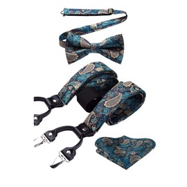 HISDERN Men’s Y-Shape Braces, Bow Tie, Paisley Handkerchief Set, 6 Strong Clips, Various Designs - A01