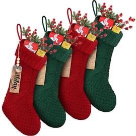 Cozypower 4 Pack Christmas Stockings with Stocking Name Tag, 18 Inch Large Cable Knitted Stockings Xmas Stocking Fireplace Hanging Stocking Gift Bags for Fireplace Xmas Tree Decorations(Red, Green)