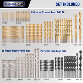 PLATINUMEDGE 140PC Multipurpose Drill Bits Set, 88PC Titanium Twist Drill Bits 26 Pc Masonry Drill Bits for Brick, Concrete 26 Pc Brad Point Drill Bits, for Wood, Metal, Masonry with Hard Storage Case