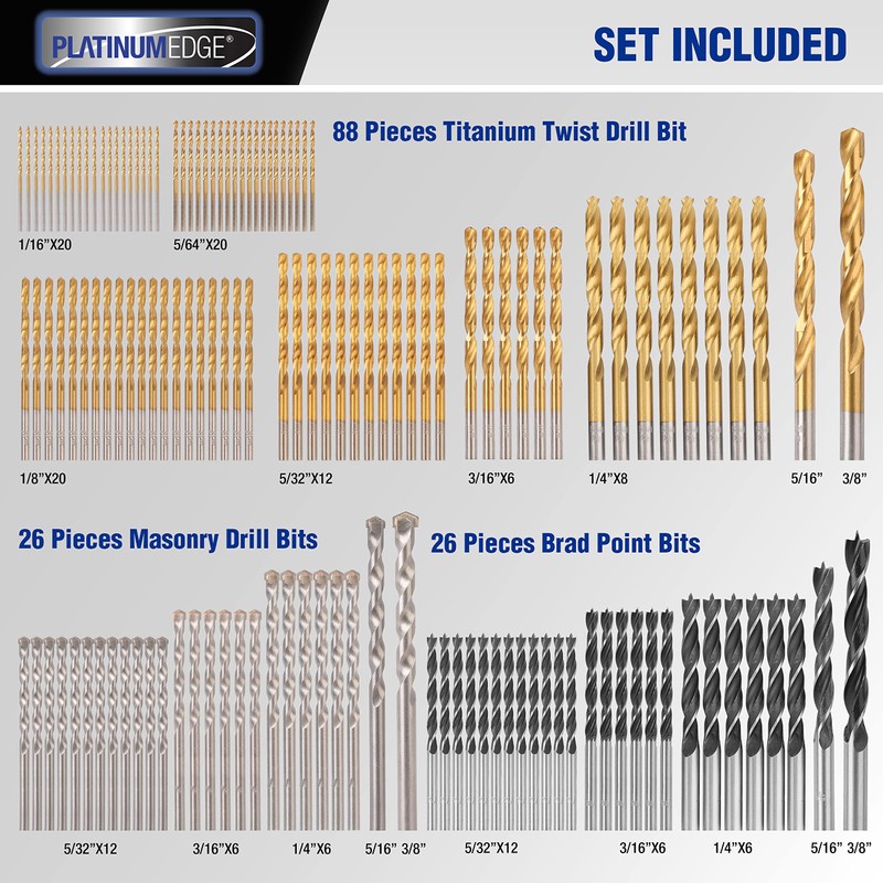 PLATINUMEDGE 140PC Multipurpose Drill Bits Set, 88PC Titanium Twist Drill