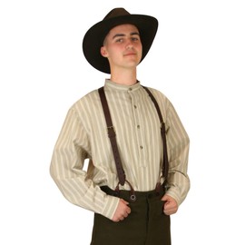 Historical Emporium Men's Band Collar Stiped Cotton Work Shirt, Victorian Edwardian Period Costume Reenactment 2X Tan