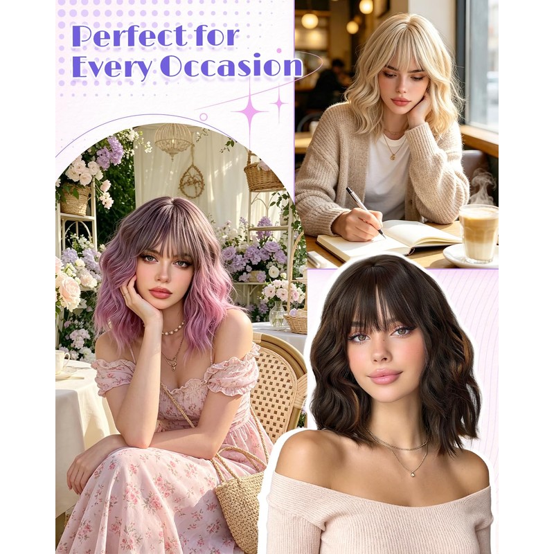 Purple Ombre Short Wavy Bob Wig with Bangs, 14 Inch