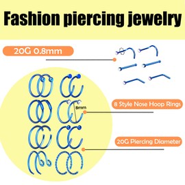 32Pcs Style-2 20G Blue Unisex L-Shaped C-Shaped Nostril Screw Nose Tongue Lip Ear Rings Hoop Studs Seamless Hinged Ball Closure Mixed Set