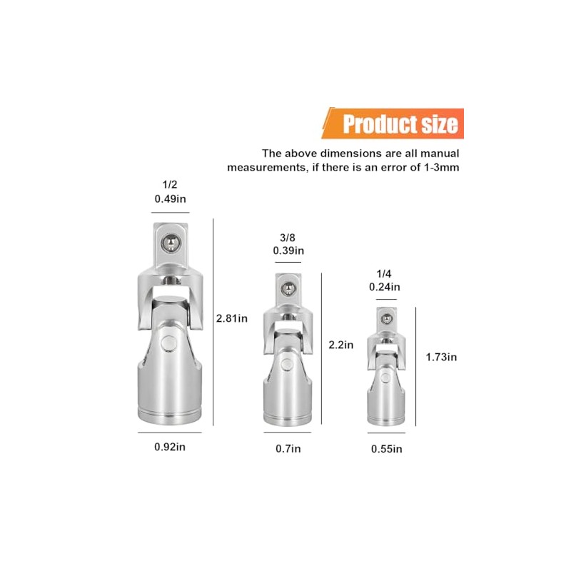 ZIMISI 3PCS Universal Joint Socket Set, 1/4", 3/8", 1/2" Drive