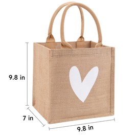 6 Pack Burlap Tote Bags with Handles Only One White Heart Printed Reusable Jute Gift Bags Waterproof Lining for Valentine's Mother's Day Wedding Bridesmaid Bachelorette Beach Party