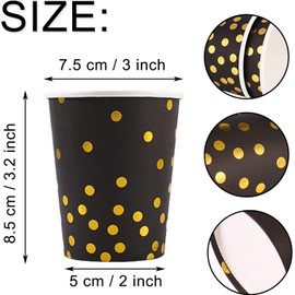 Riverhighfur Pack of 100 Black and Gold Party Paper Cups Disposable Cups 250ml Party Cups with Gold Dots for Party Birthday Wedding Biodegradable Paper Cups