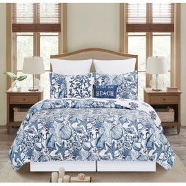 C&F Home Blue Coast Shells Full/Queen Bed 3 Piece Cotton Quilt Set Indigo Blue & White Summer Beach Ocean Coastal Reversible Machine Washable Lightweight Bedspread Bedding Coverlet Full/Queen 3 Piece