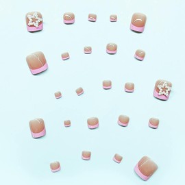 24Pcs Summer Press on Toenails Short Square, ZIFANHU French Rose Red Fake Toe Nails Press ons Pearl Star Nail Tips Glue on Nails Full Cover Acrylic Nail Kit False Toenails Stick on Nails for Women