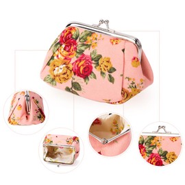 Oyachic Floral Coin Bag Kiss Lock Coin Purse Women's Retro Bag Purse Women Wallet Clip Closure, Pink