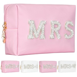 Aintmax Bride Patch MRS Letter Makeup Bag for Women Bridal Shower Bridesmaid Engagement Gift Pearl Rhinestone Make Up Bag for Wedding Waterproof Travel Toiletry Pouch Pink Cosmetic Bag (MRS)