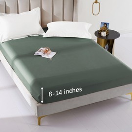 MILDLY Extra Deep Fitted Sheets Queen Size 60"x80" 100% Egyptian Cotton Army Green Deep Pocket Fitted Sheet Fits Up to 16" Deep Mattress
