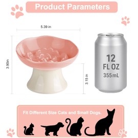 Ceramic Slow Feeder Bowl for Cats and Small Dogs, Elevated Tilted Pet Food Dish, Whisker Friendly Anti-Vomit Design, Heavy Stable Base, Dishwasher Safe， 5 Colors Options (Blush Pink)