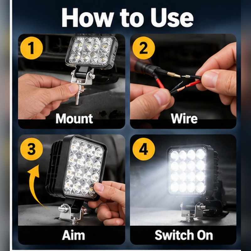 12V 48W Square LED Work Light, 6500K White Waterproof Off-Road