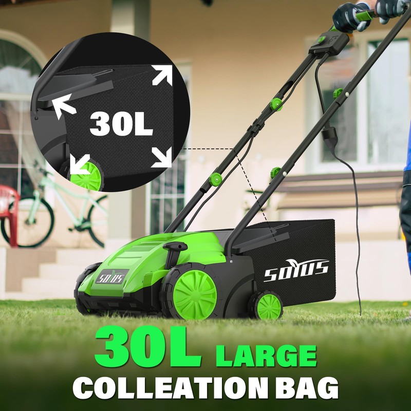 SOYUS Electric Dethatcher and Scarifier with 30L Collection Bag, 13-Inch