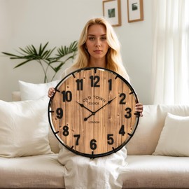 EMAX HOME Large Old Town Farmhouse Wall Clock 20 Inches - Rustic Antique Wood with Metal Circle and Large Numerals Silent Battery Operated Wall Clock for Office Kitchen Bedroom Living Room