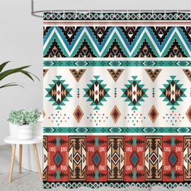 JAZEAOI Western Aztec Shower Curtain, Boho Triangular Geometric Vintage Native Tribal American Ethnic Pattern Bathroom Decor Set, Waterproof Polyester Fabric Bath Curtain with Hooks 72x72 Inch