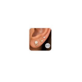 3 Pairs Gold Flower Butterfly CZ Stud Earrings with Silicone Backs