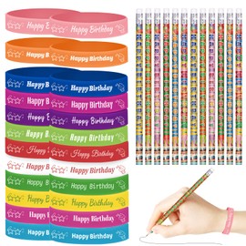 emzrivo 48 Pcs Happy Birthday Pencils Set 24 Happy Birthday Pencils for Students 24 Happy Birthday Silicone Bracelets Rubber Wristband Bulk Birthday Classroom Gifts (Classic)