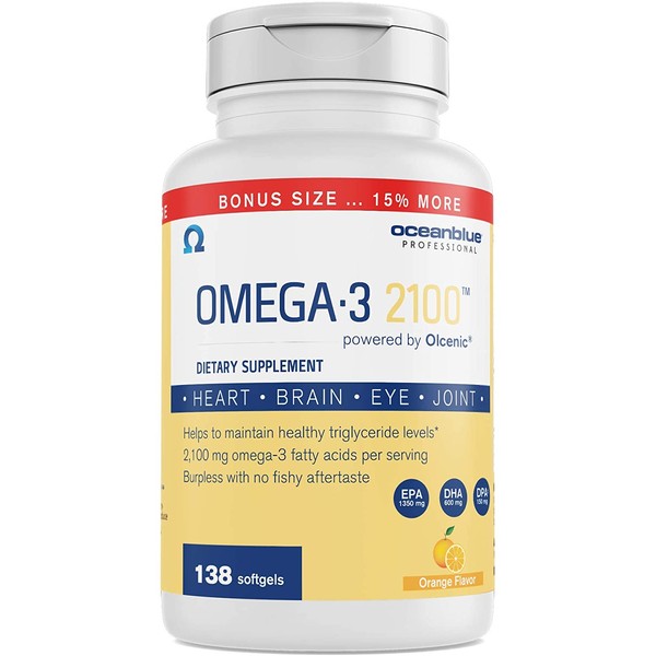 Ocean Blue Omega 3 2100-138 ct - Bonus Bottle 15% More Free - 2100 MGS of DHA EPA DPA per serv - Heart Eye Brain Support - No Fishy Aftertaste - 88% Fish Oil Concentration - Natural Orange Flavor