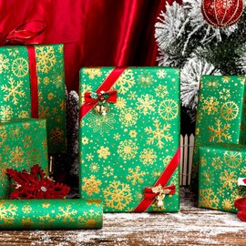 Flyhill Kraft Christmas Green Wrapping Paper,Gold Luxury Snowflake Metallic Gold Embossed Foil Gift Wrap Roll Design for Holiday, Party,Celebration, New Year (17 Inch X 32.8 Feet)