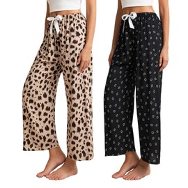 JIFRONT Women's Pajama Bottoms,Comfy Stretch Floral Print Drawstring Palazzo Wide Leg Lounge Pants,2 Pack Women Pajama Pants (Set A, M)
