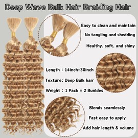 Deep Wave Bulk Hair For Braiding Hair 18inch 150g No Weft Wet And Wavy Quality Synthetic Hair Braiding Extensions For Boho Braids（2 Bundles/Pack 27#）