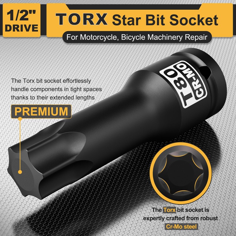 Aiourx 1/2-Inch Drive T80 Torx Bit Socket Set, Star Bit