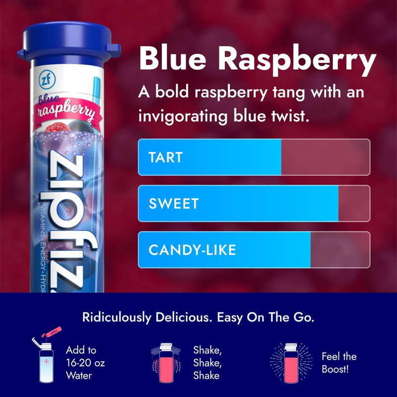 Zipfizz Daily Energy Drink Powder, Blue Raspberry, 20 Pack |