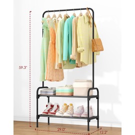 Sakugi Clothes Rack - Clothing Rack with 2-Tier Shoe Rack and Anti-Slip Stopper, Shoe Organizer for Entryway, Bedroom, or Laundry, Black, 29" × 12.2" × 59.3"