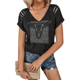 Western V Neck T Shirts for Women Cowgirls Vintage Leopard Cow Skull Graphic Tees Casual Boho Shirt Cowboy Country Tops (XXL, CowSkull-Black)