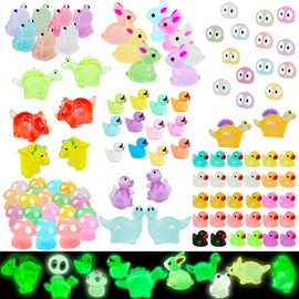 104Pcs Luminous Mini Resin Animals Mini Animals Figures to Hide Miniature Figurines Glow in The Dark Ducks Dinosaurs Frogs - 7 Combination Sets for fairy garden Micro Landscape Dollhouse Decor