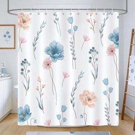 COZZSNUGE Watercolor Floral Shower Curtain, Blue Pink Flower Leaves Modern Minimalist Shower Curtain for Bathroom Waterproof Polyester Fabric with 12 Hooks, 72 x 72 Inches