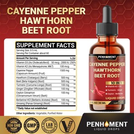 Penhoment 10in1 3000mg Cayenne Pepper Hawthorn Berry Vitamin D3 K2 Beet Root Ginger Liquid Drops and More - Digestion Support - 1 Fl Oz - 60 Day Supply