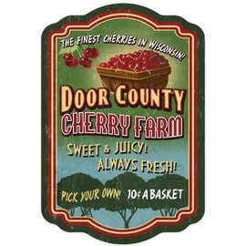 Die Cut Sticker Door County, Wisconsin, Cherry Vintage Sign, Contour Vinyl Sticker 3 to 6 inches, (Waterproof Decal for Cars, Water Bottles, Laptops, Coolers), Large
