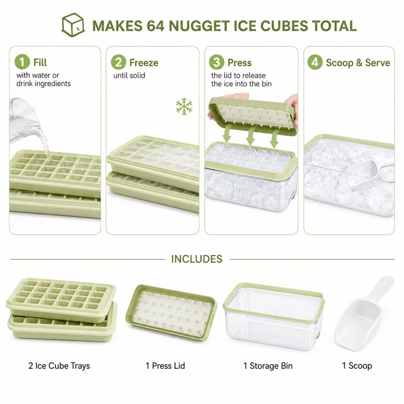 64-Cube Ice Tray Set for Freezer – Easy-Press Silicone Molds