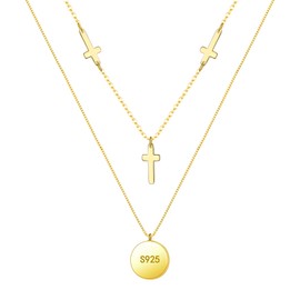BriLove Women's Layered Cross Necklace 925 Sterling Silver With Coin Angel Pendant Classic Symbols Gold-Tone