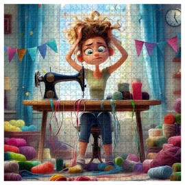 Sewing Machine Jigsaw Puzzle 1000 Pieces for Adults, PICKFORU Woman with Rainbow Yarn Jigsaw Puzzle, Unique Challenging Sewing Theme as House Decor