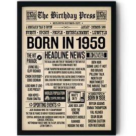 Stuff4 65th Birthday Poster Framed - Born In 1959 Newspaper - Happy 65th Birthday Gifts for Men Women Vintage Retro Back In 1959, 8x10 Inch Sixty-Five Sixty-Fifth Bday Party Decor Decoration
