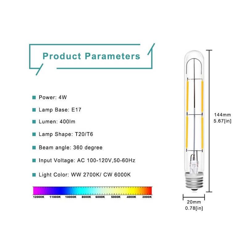Bonlux 4W LED T6.5 Tubular Filament Bulb Dimmable, E17 Intermediate