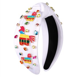 NVENF Mexican Headband for Women Cinco De Mayo Fiesta Pianata Chili Sombrero Headband Rhinestone Crystal Jeweled Wide Top Knot Headband Mexican Hair Accessories Gifts (Pinata C-White)